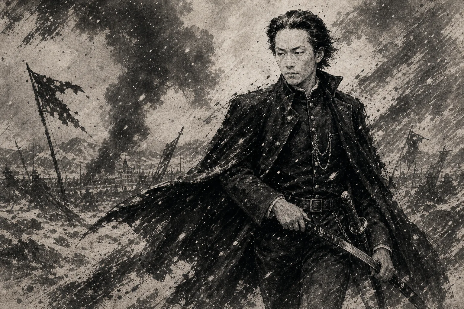 洋装と軍服をイメージした墨絵