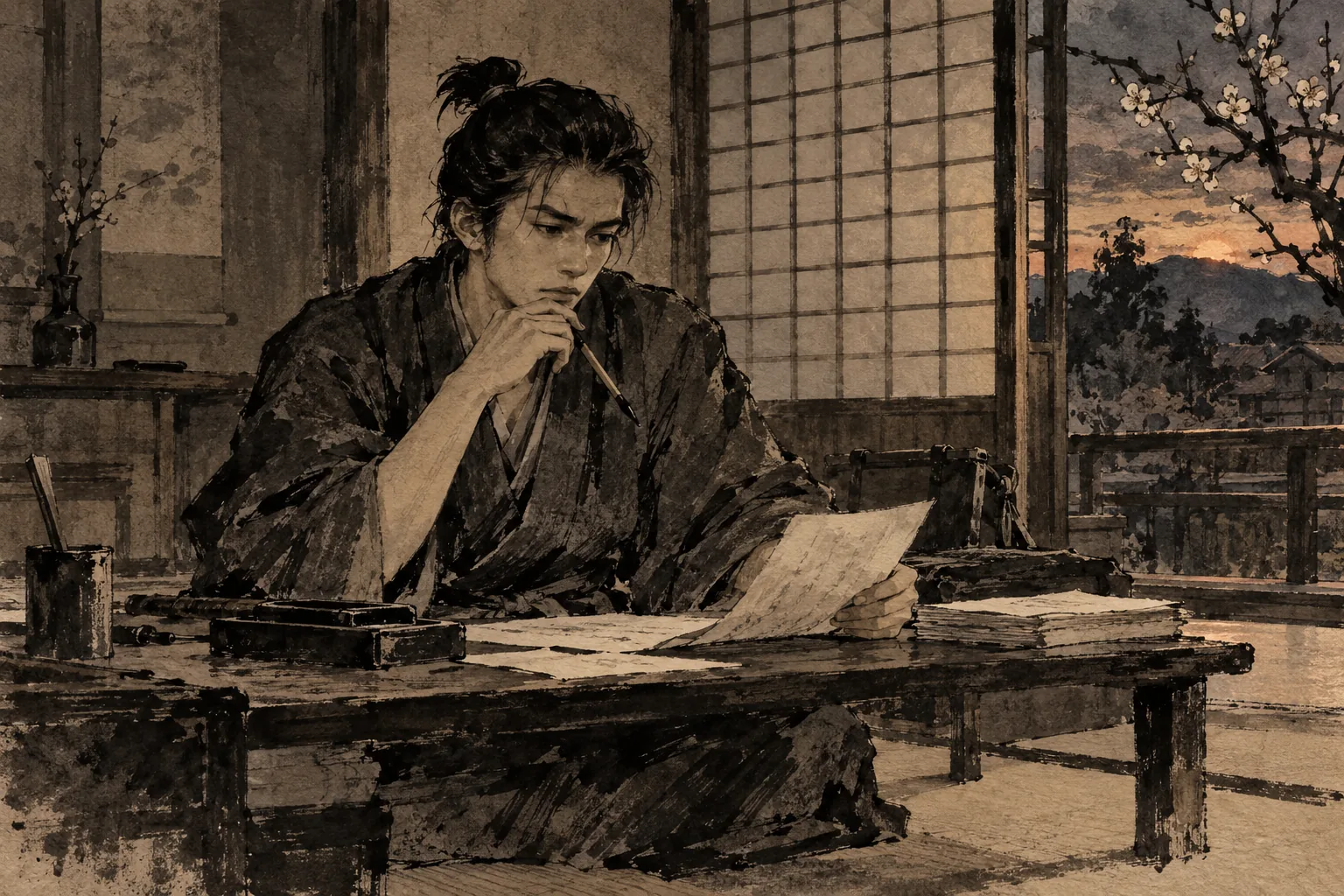Toshizo Hijikata ink painting inspired by Once love is known, the heart loses its way; without knowing it, one wo...