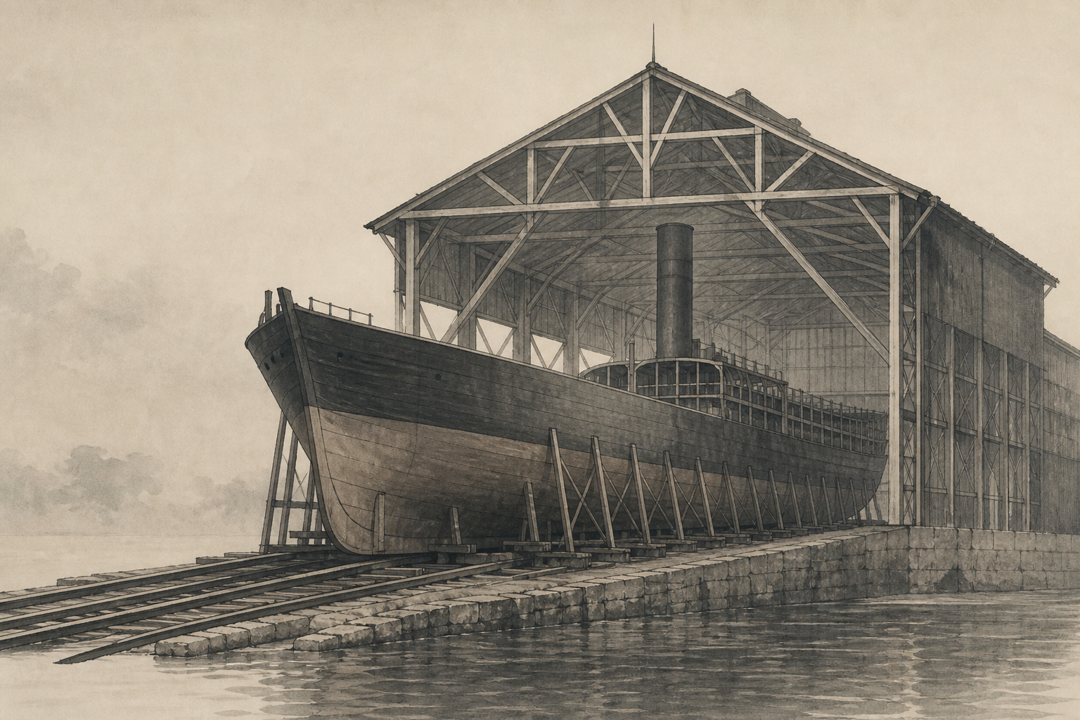 Dutch Shipyard ink painting