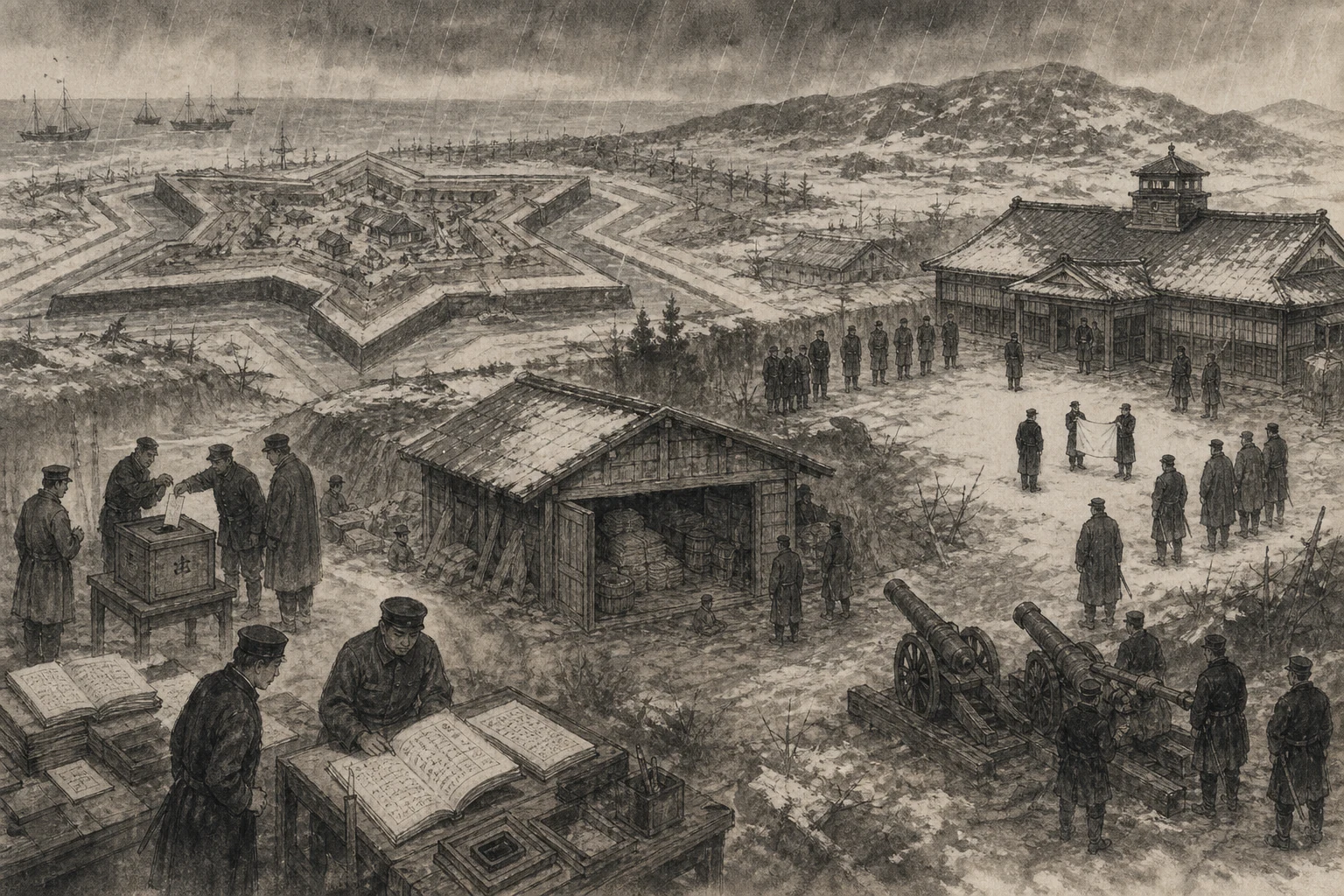 五稜郭の帳簿・投票箱・兵糧庫をイメージした墨絵