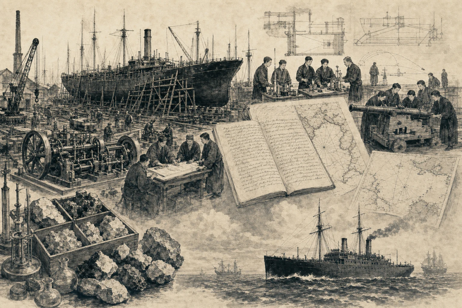 オランダ造船所と海律書をイメージした墨絵