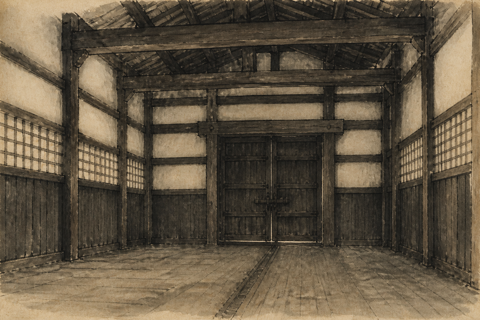 敦賀の鰊蔵をイメージした墨絵