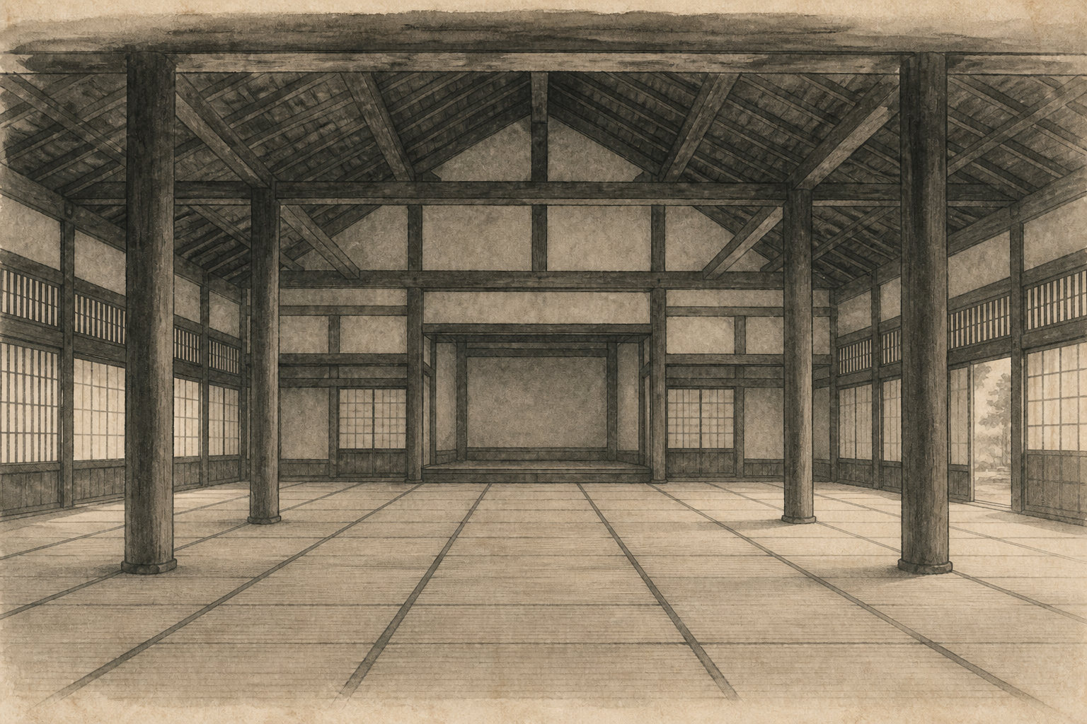 弘道館の講堂をイメージした墨絵