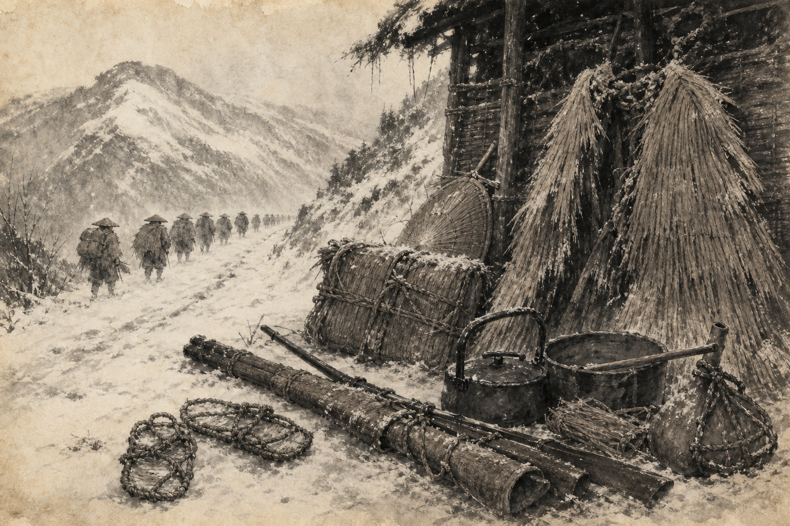 Straw Capes, Sandals, Pack Ropes, and Winter Kettles ink painting