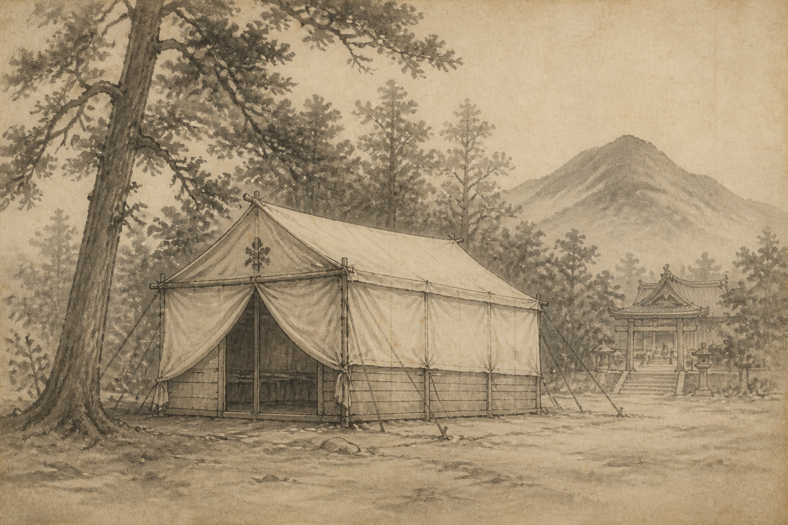 筑波山の社殿をイメージした墨絵
