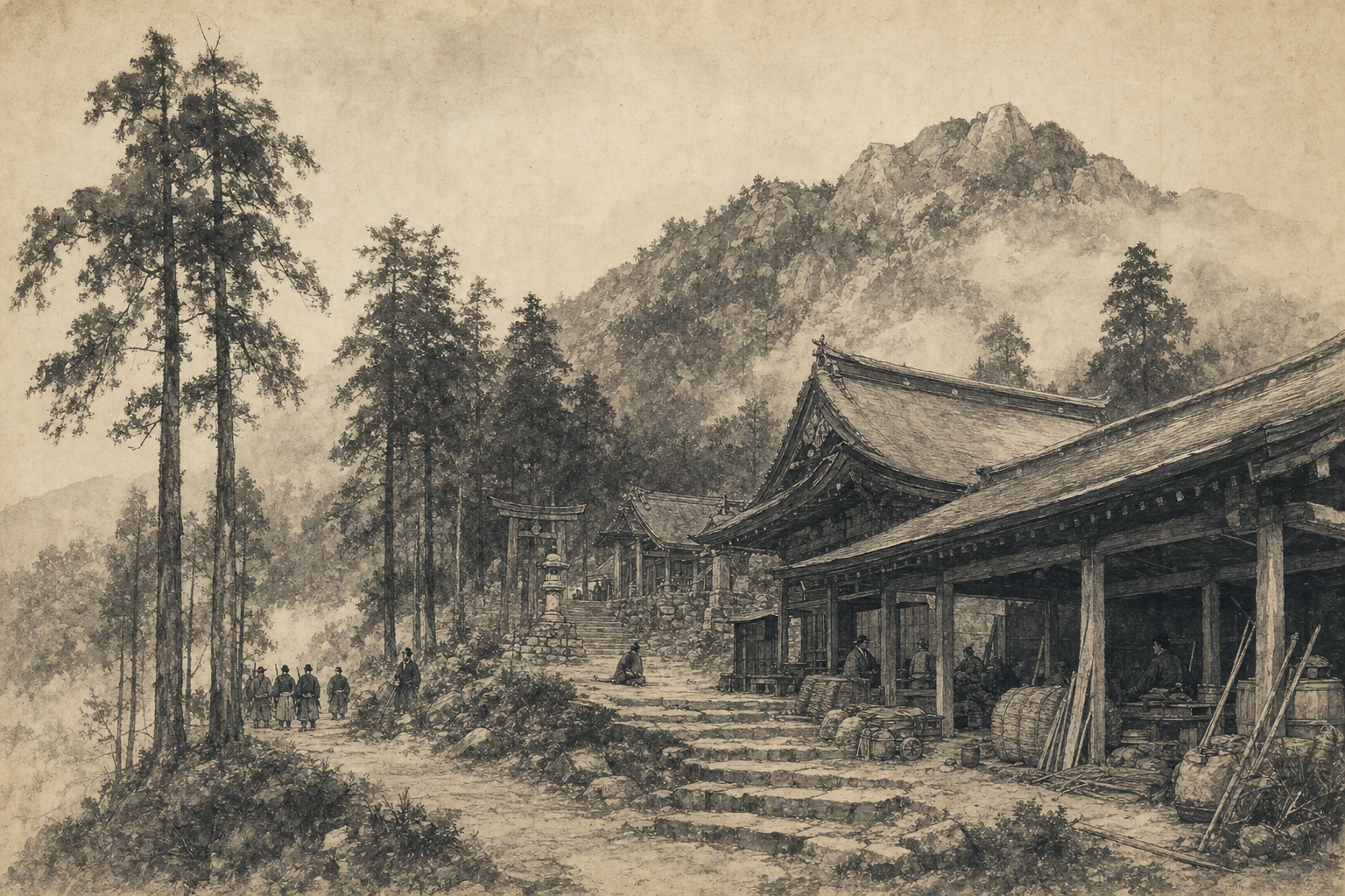 Mount Tsukuba Shrine Buildings and Field Headquarters ink painting