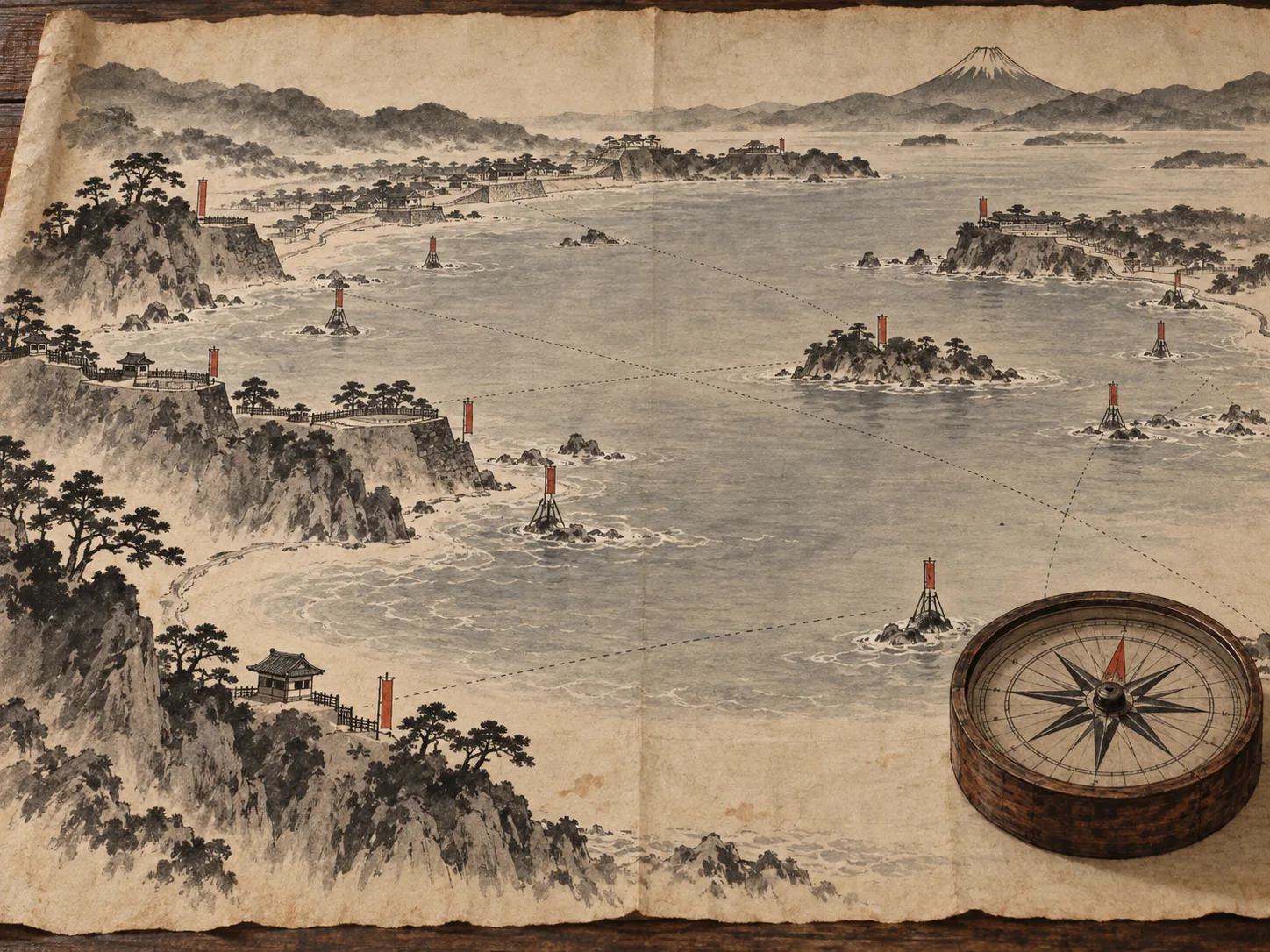 水戸沿岸の海防図をイメージした墨絵