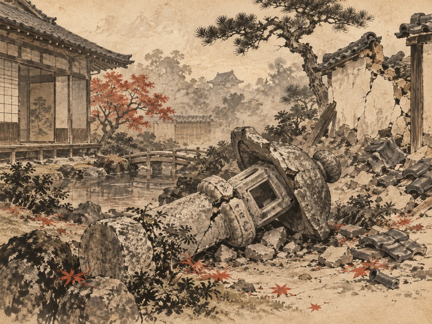 安政江戸地震の倒壊物をイメージした墨絵
