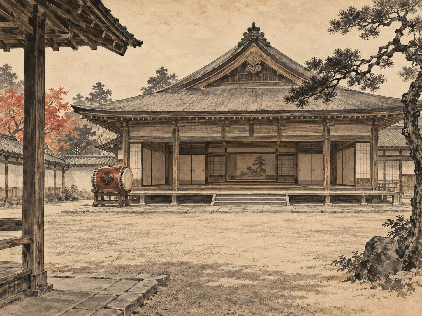 弘道館の校舎をイメージした墨絵