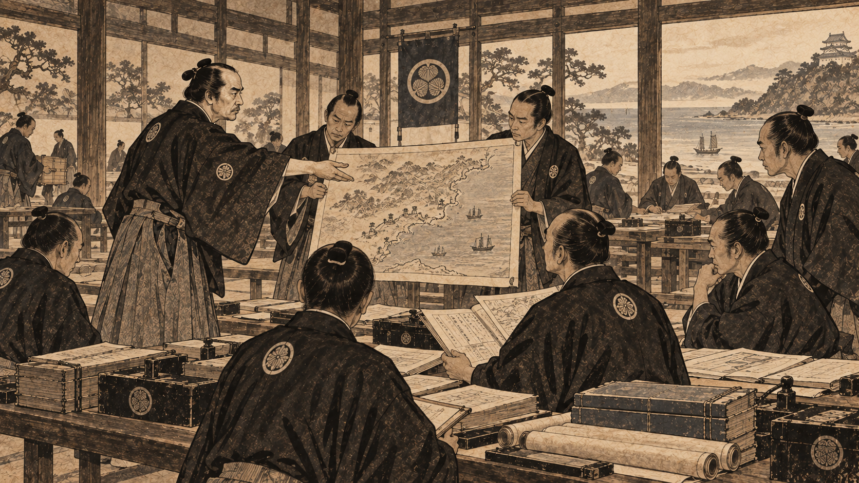 斉昭の改革を支える水戸藩役所をイメージした墨絵