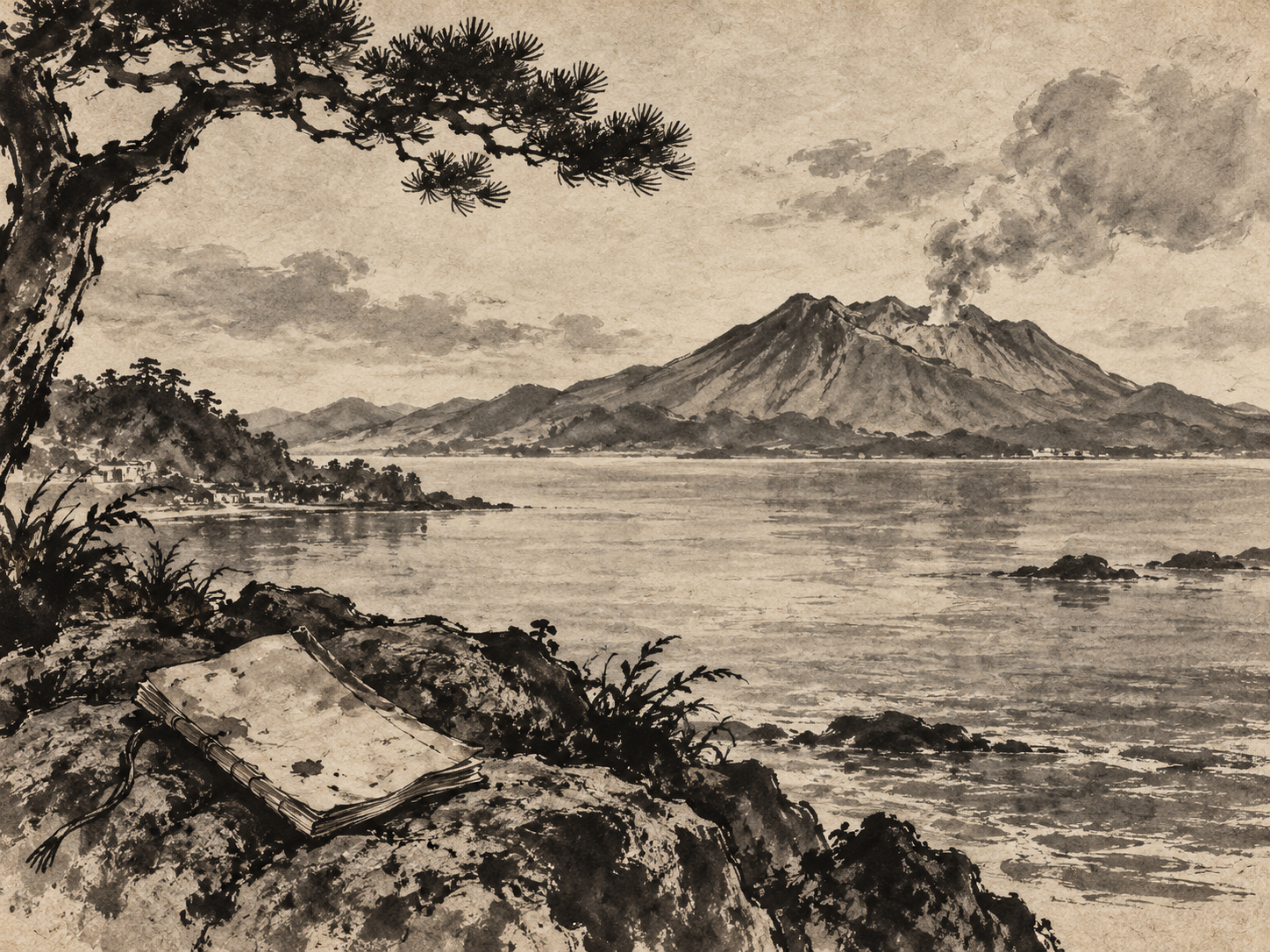 The poem measures landscape against inward heat. ink painting