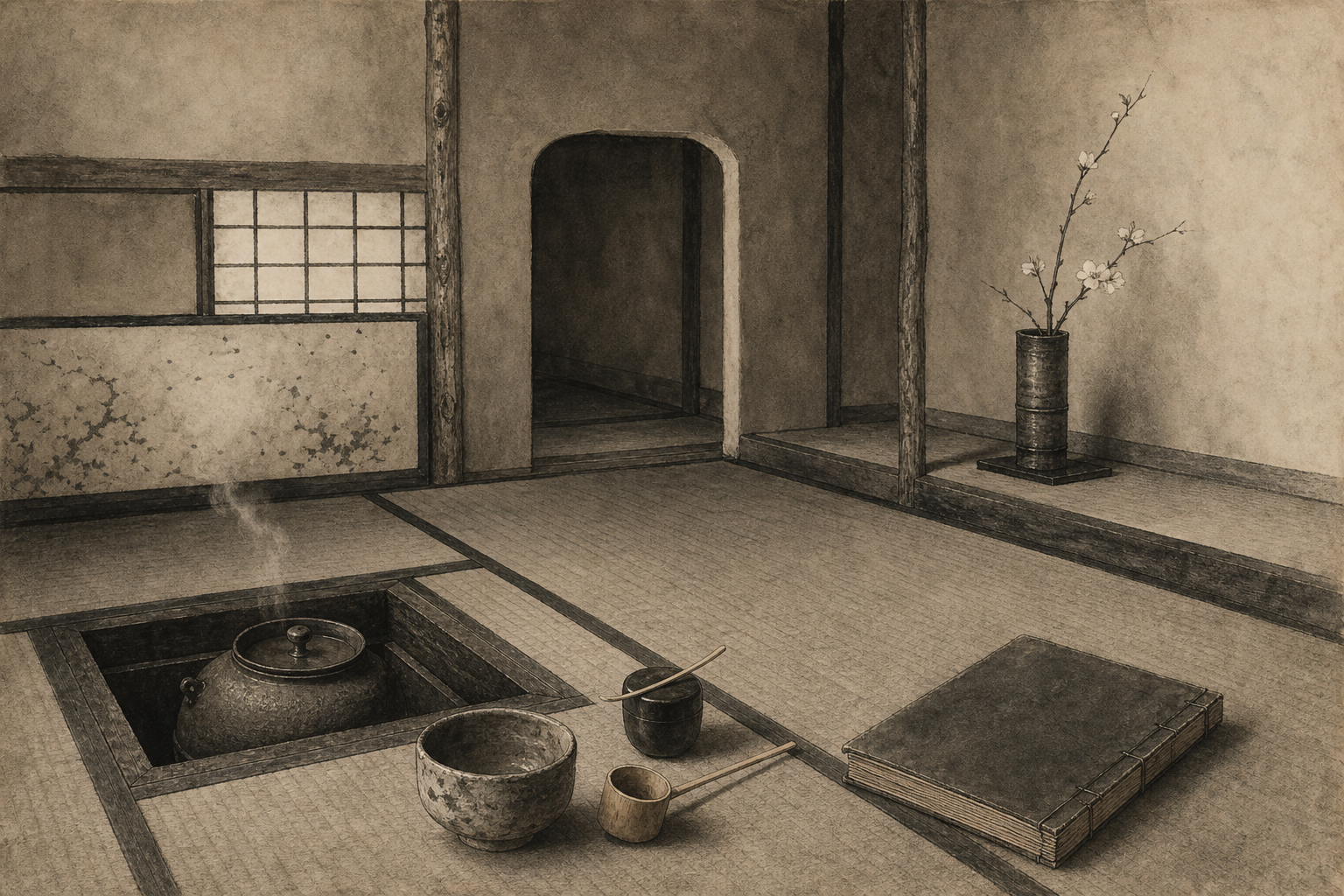 茶道具をイメージした墨絵