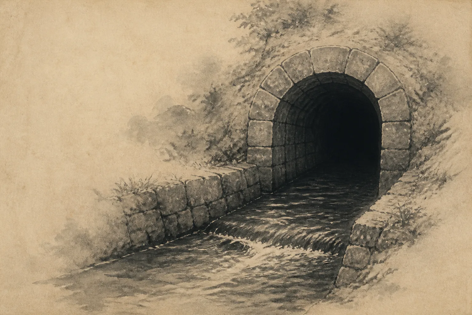 農業土木の水路を退路としてくぐるをイメージした墨絵