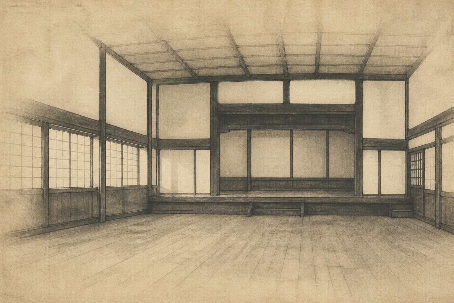 文武と科学を同じ学校で学ぶをイメージした墨絵