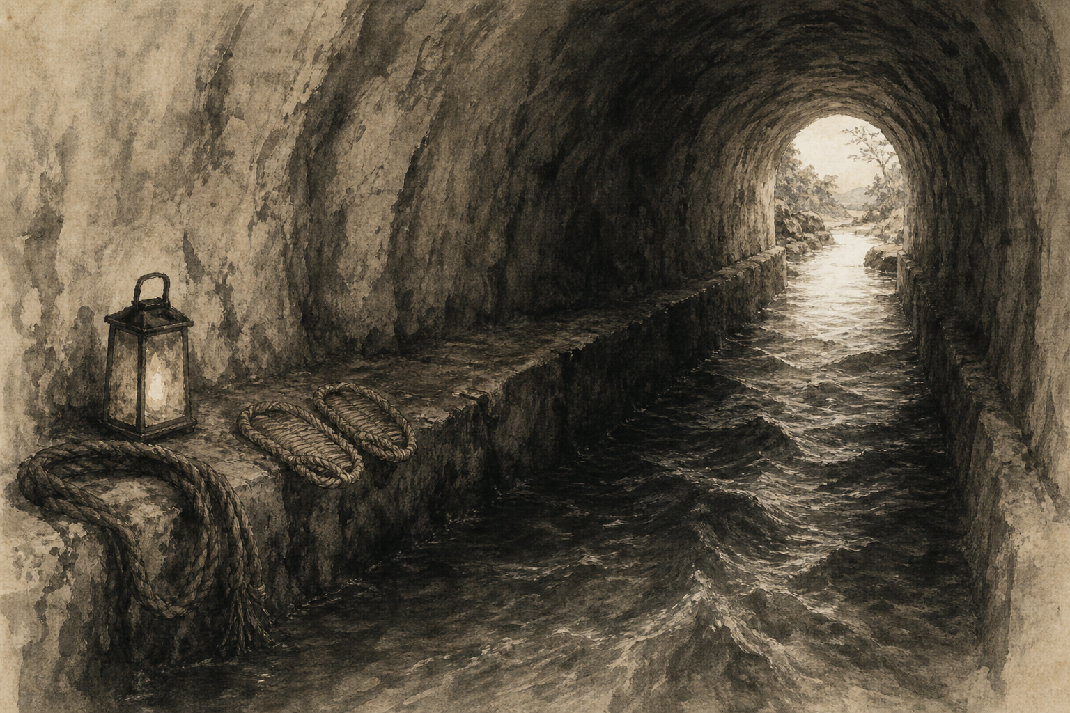農業土木の水路を退路としてくぐるをイメージした墨絵