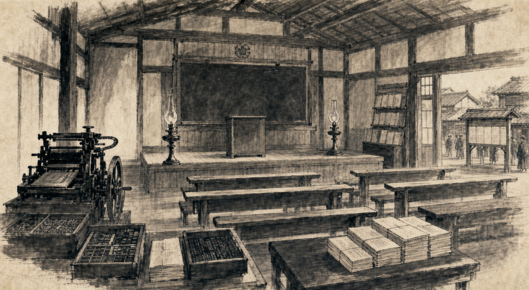 立志社の会所をイメージした墨絵