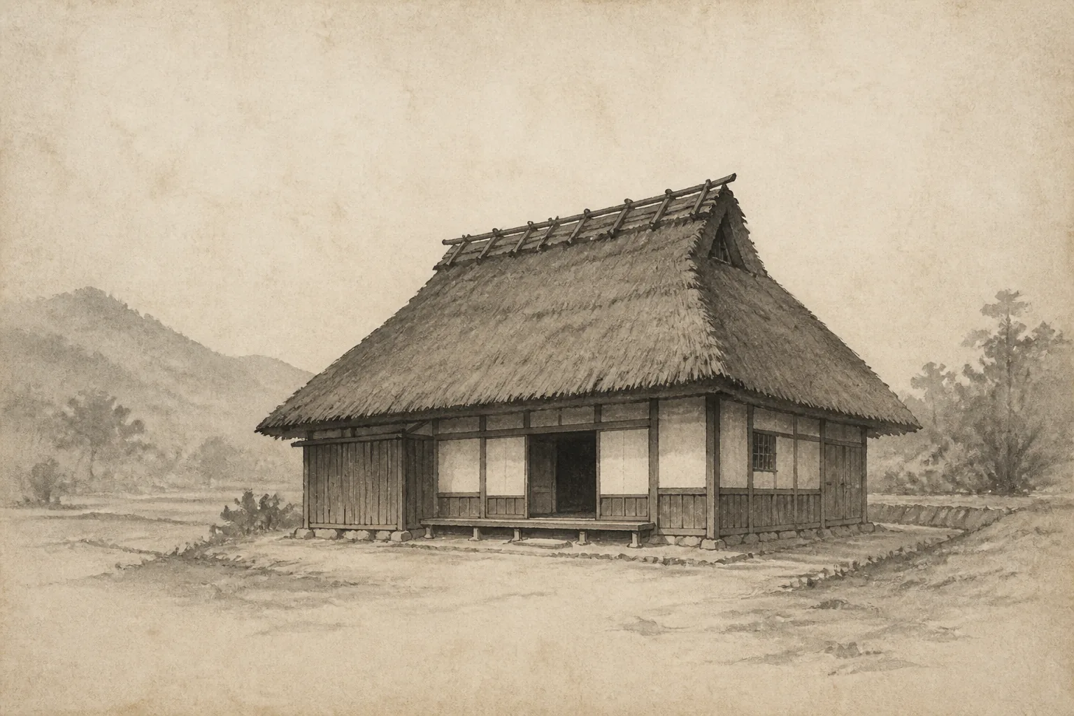 没落郷士の家で暮らしと家の印を知るをイメージした墨絵