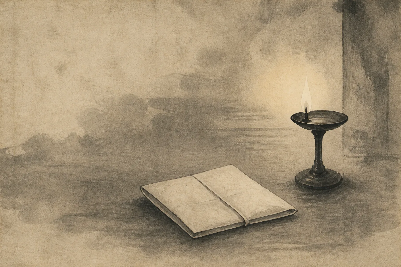 藩の処分から帰りを待つ家の時間へ言葉が戻るをイメージした墨絵
