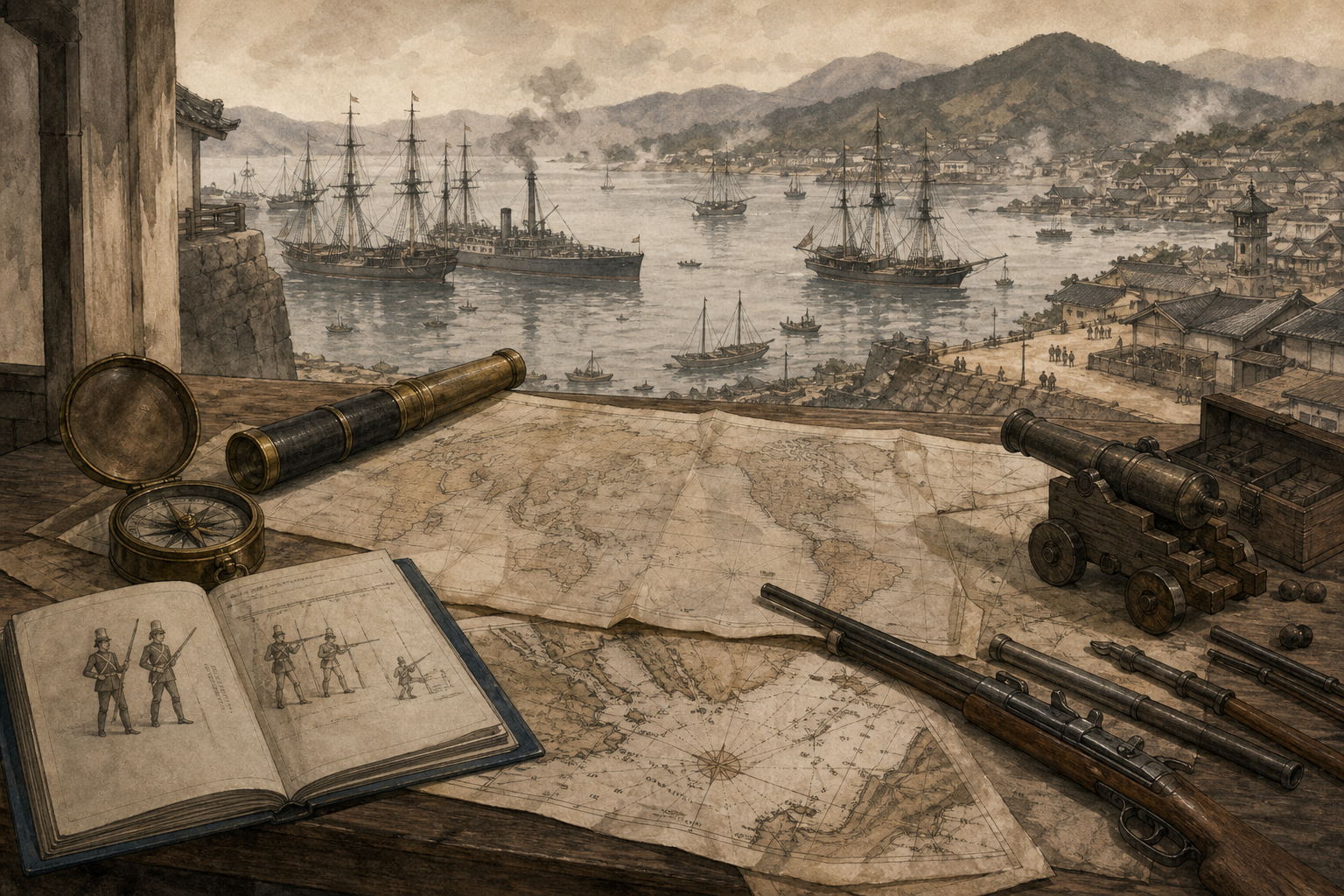 海の向こうを軍制改革の具体的な課題として見るをイメージした墨絵