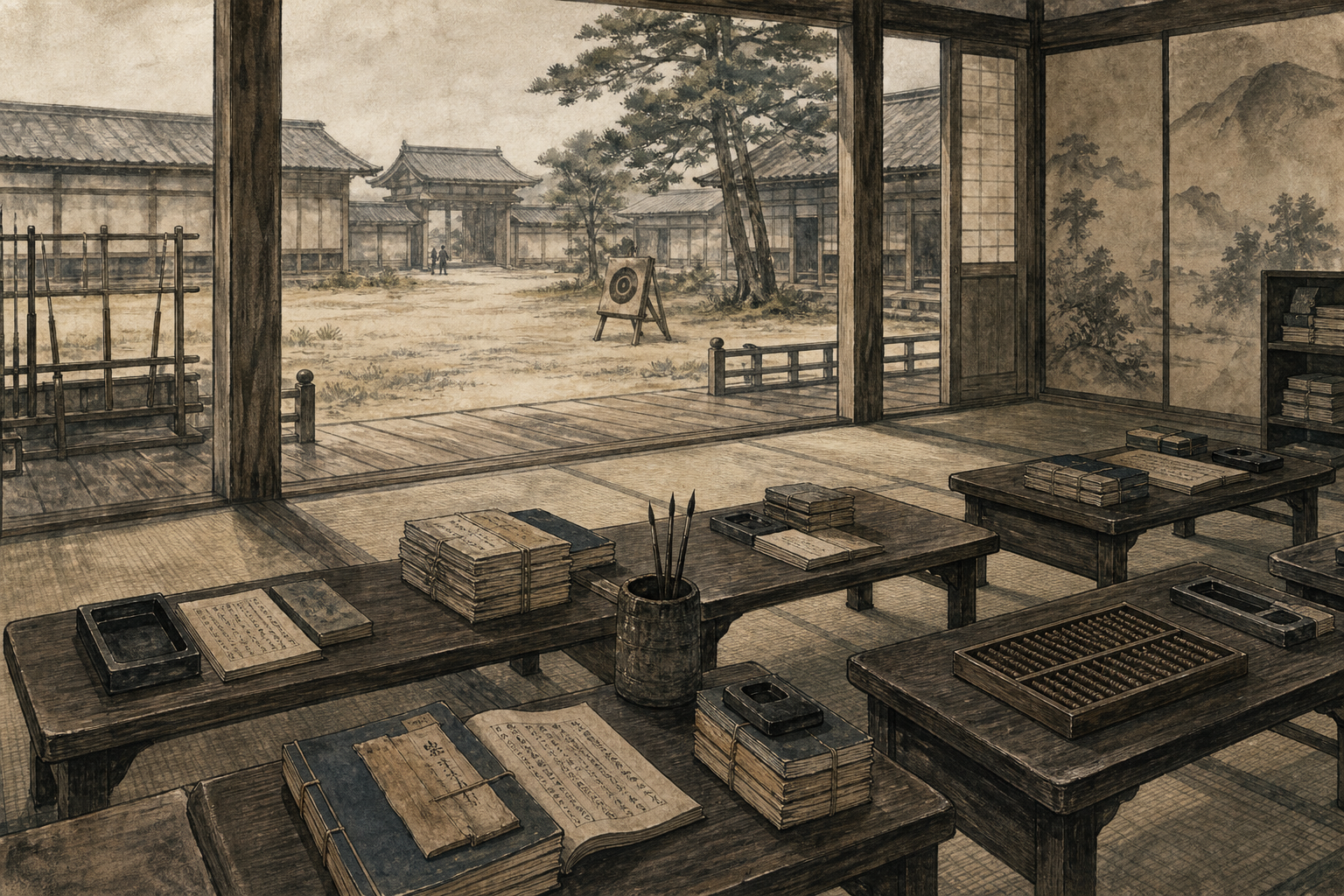 会津藩士の判断を学問と稽古の制度が形づくるをイメージした墨絵