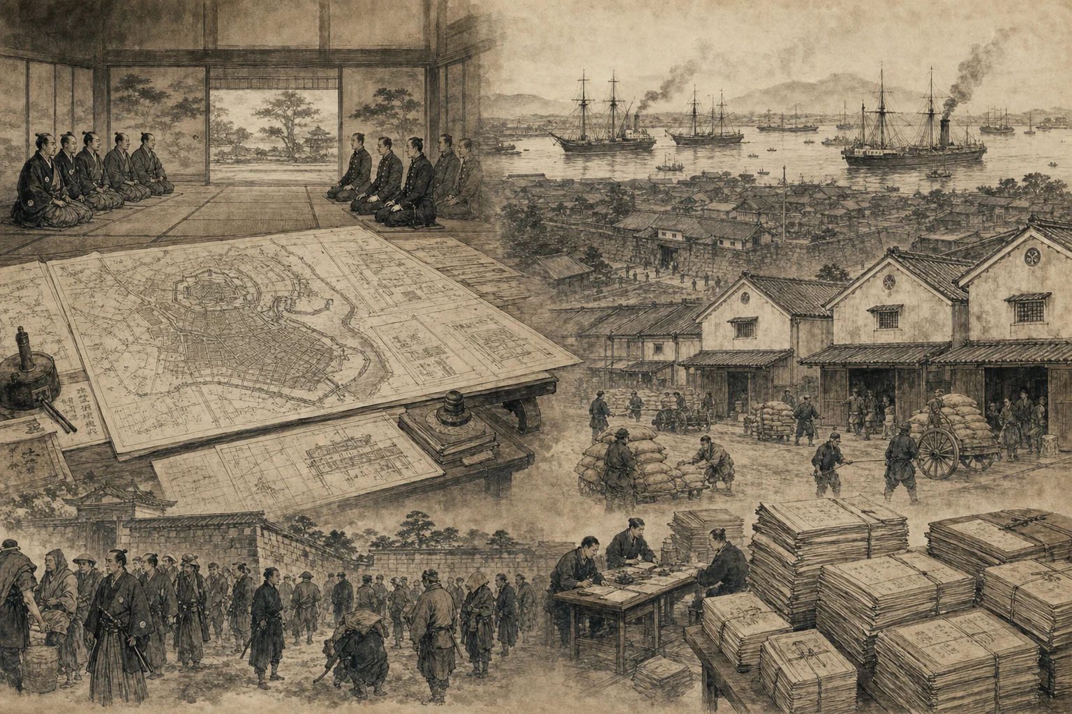 江戸市街図をイメージした墨絵