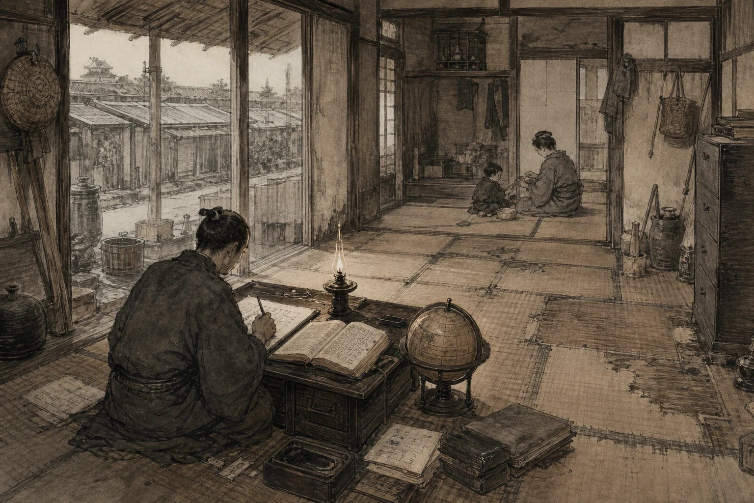 本所の屋敷をイメージした墨絵