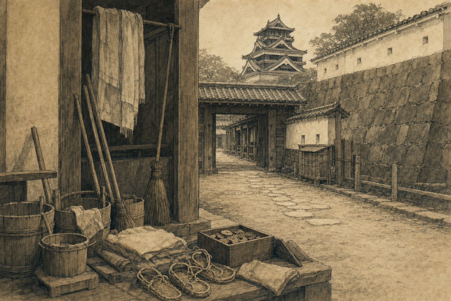 城内の坊主職から藩の身分と実務を知るをイメージした墨絵