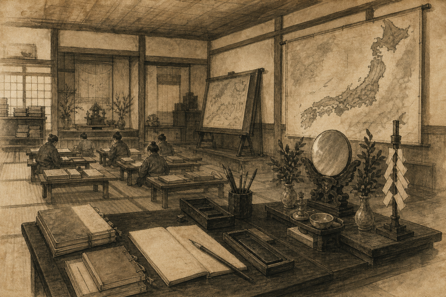 原道館の国学書をイメージした墨絵