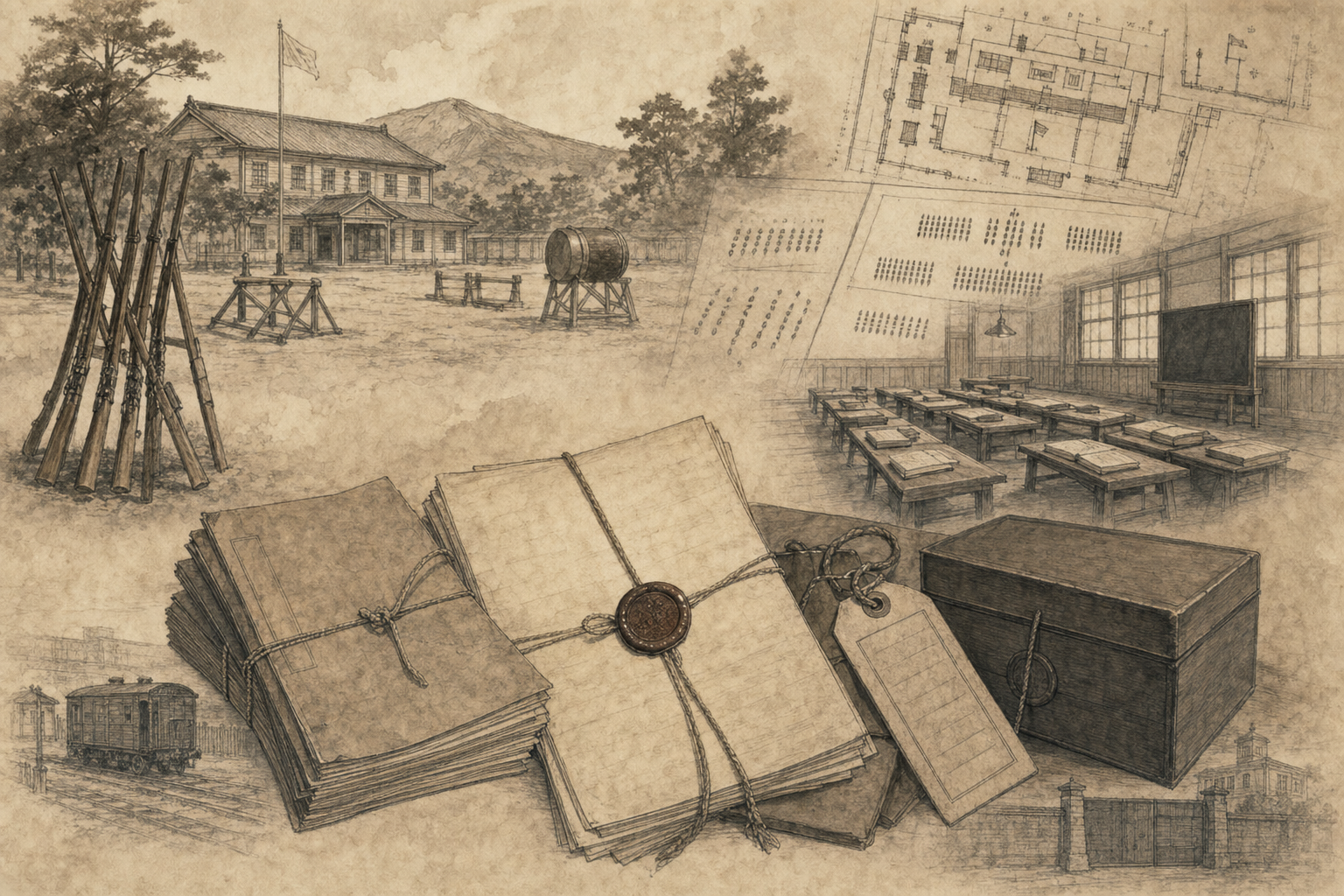 有終館の兵学教材をイメージした墨絵