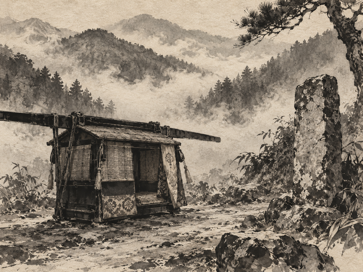 The journey was a large administrative operation. ink painting