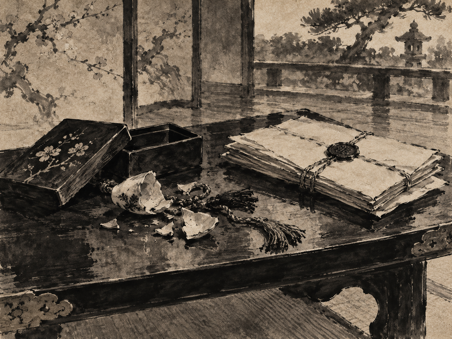 Court-shogunate union required many conditions. ink painting