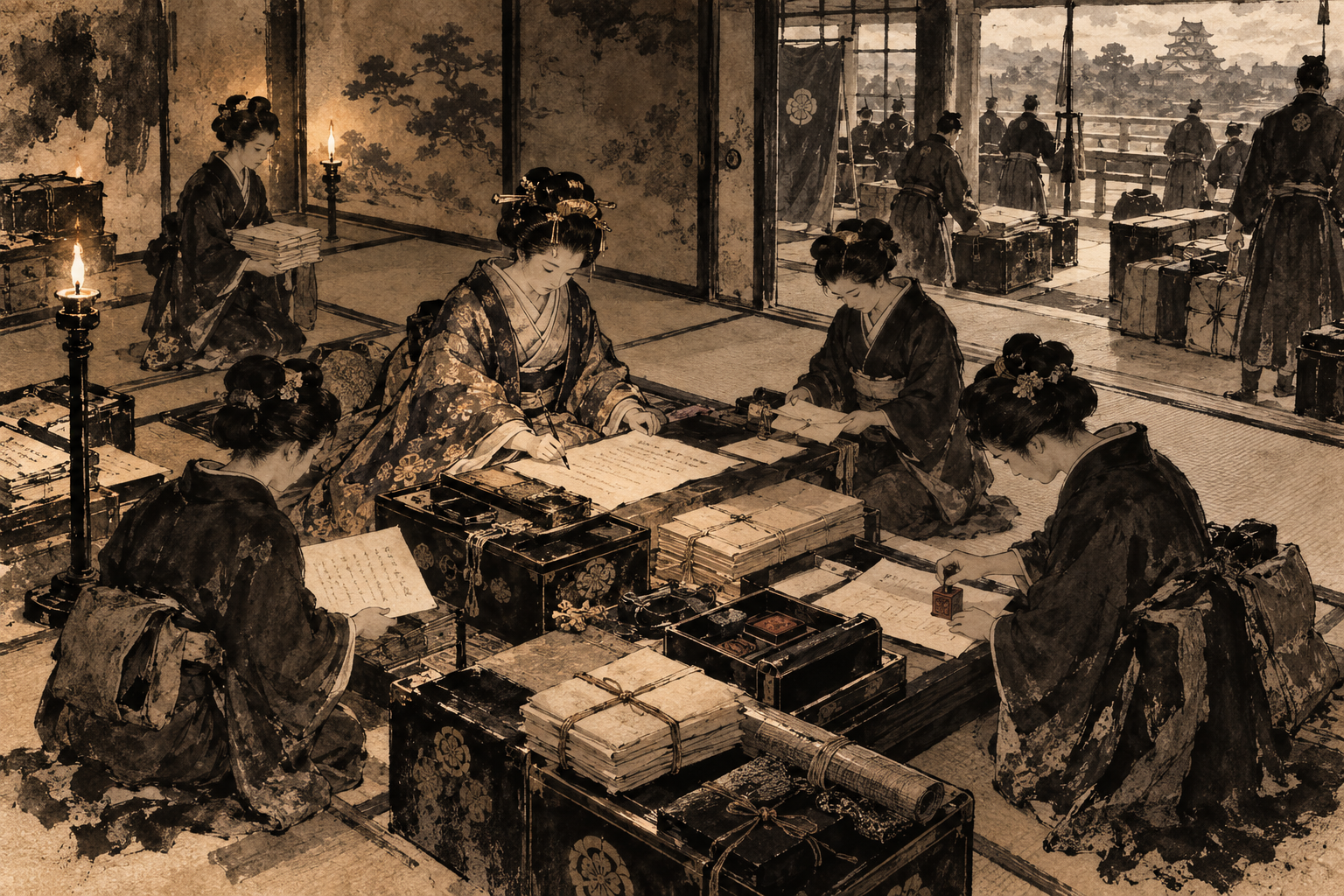 Preparing Petitions inside Edo Castle ink painting
