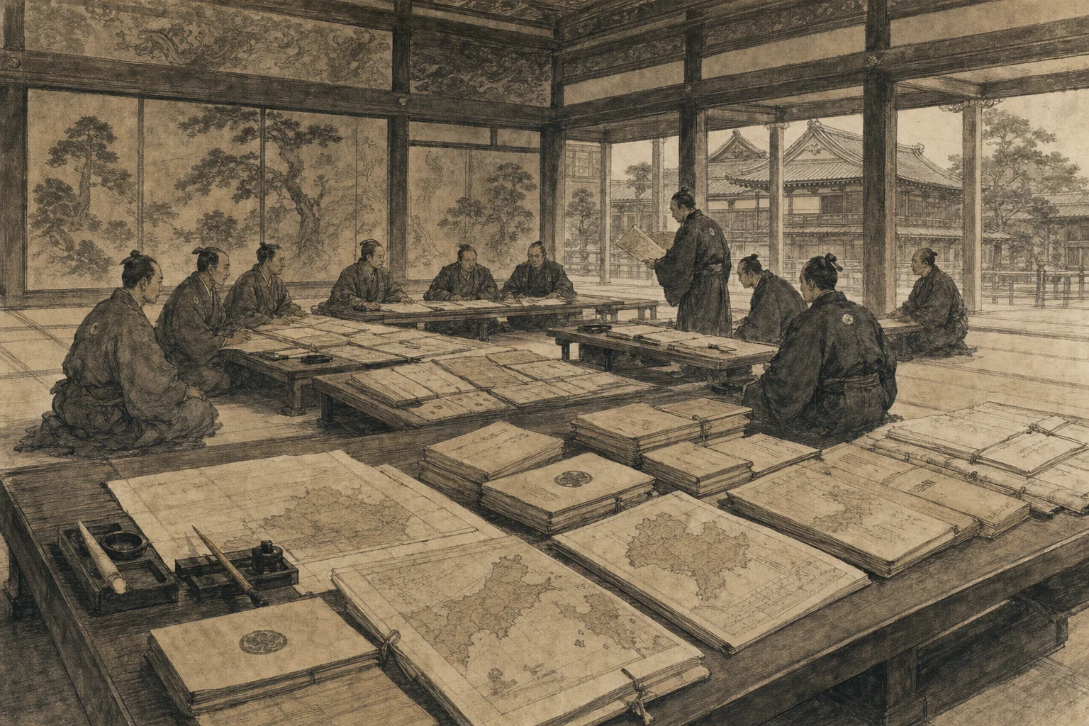 版籍奉還の帳簿をイメージした墨絵