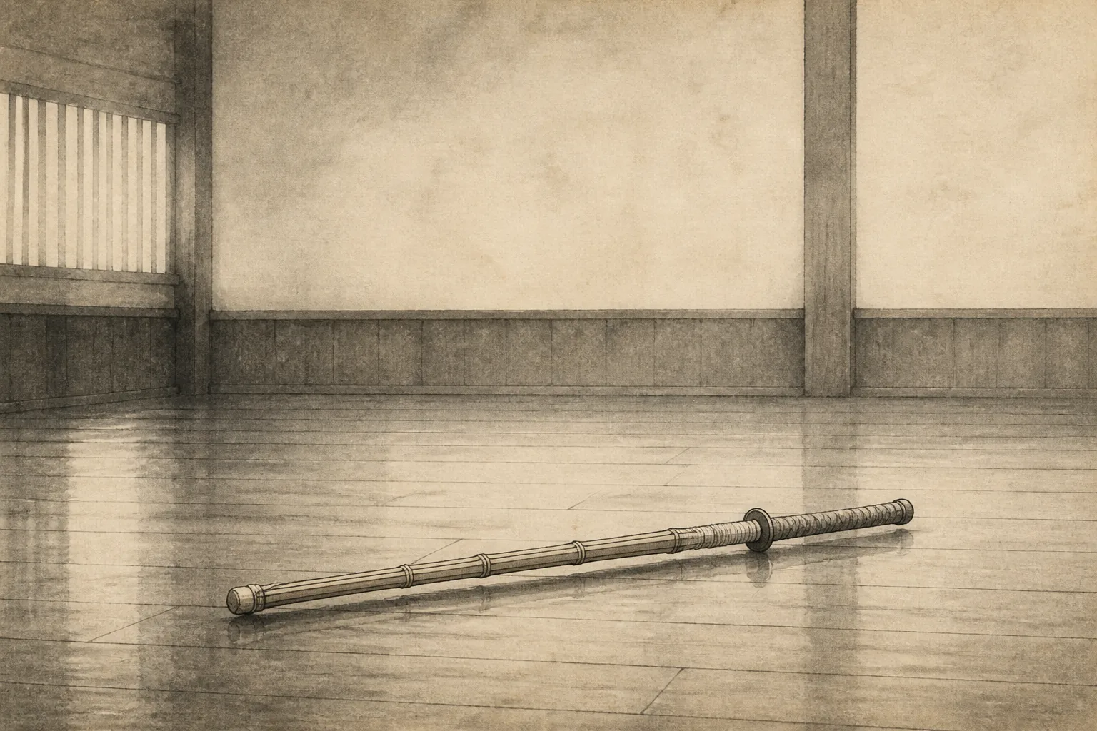 剣術・儒学・塾の運営を一つの場で結ぶをイメージした墨絵