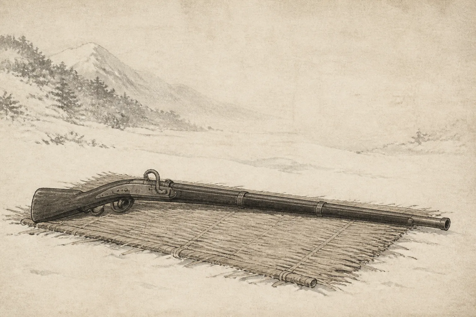 京都を目前にして武器を置き加賀藩へ身を預けるをイメージした墨絵