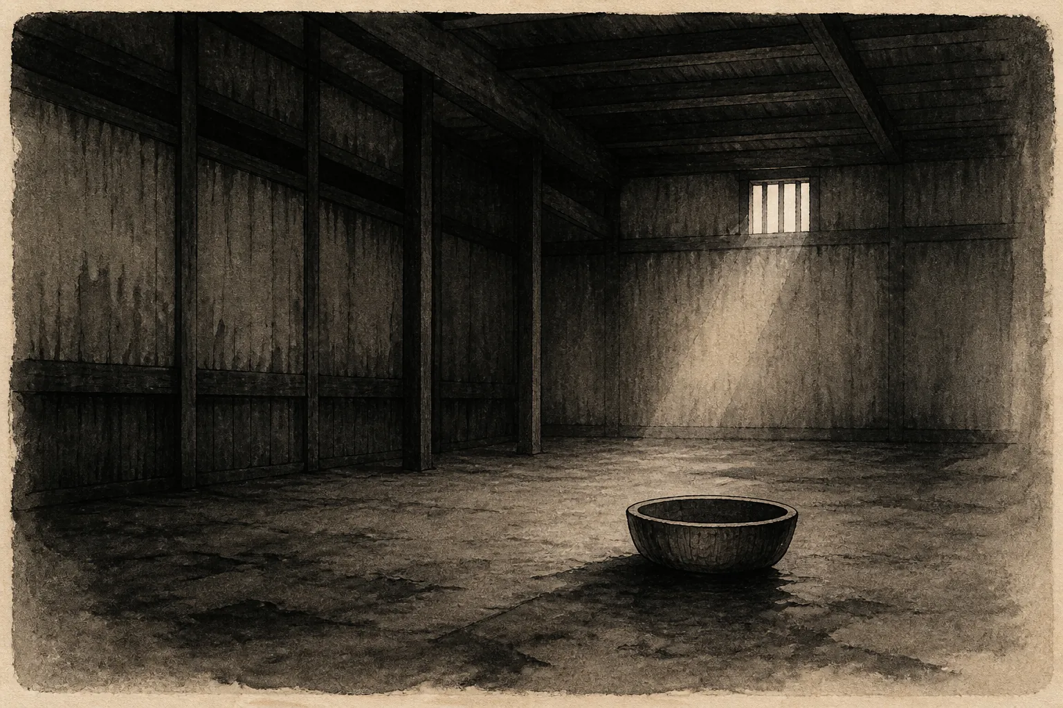 肥料蔵の拘禁から処刑と地域の追悼までを分けて見るをイメージした墨絵
