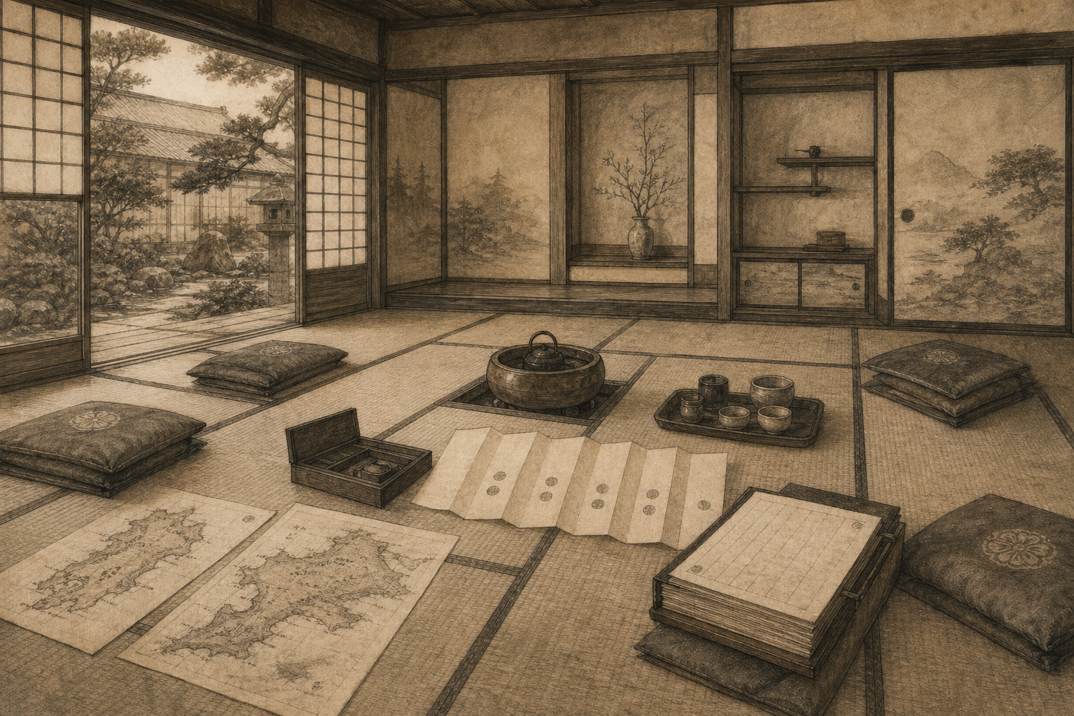 御花畑屋敷の座敷をイメージした墨絵