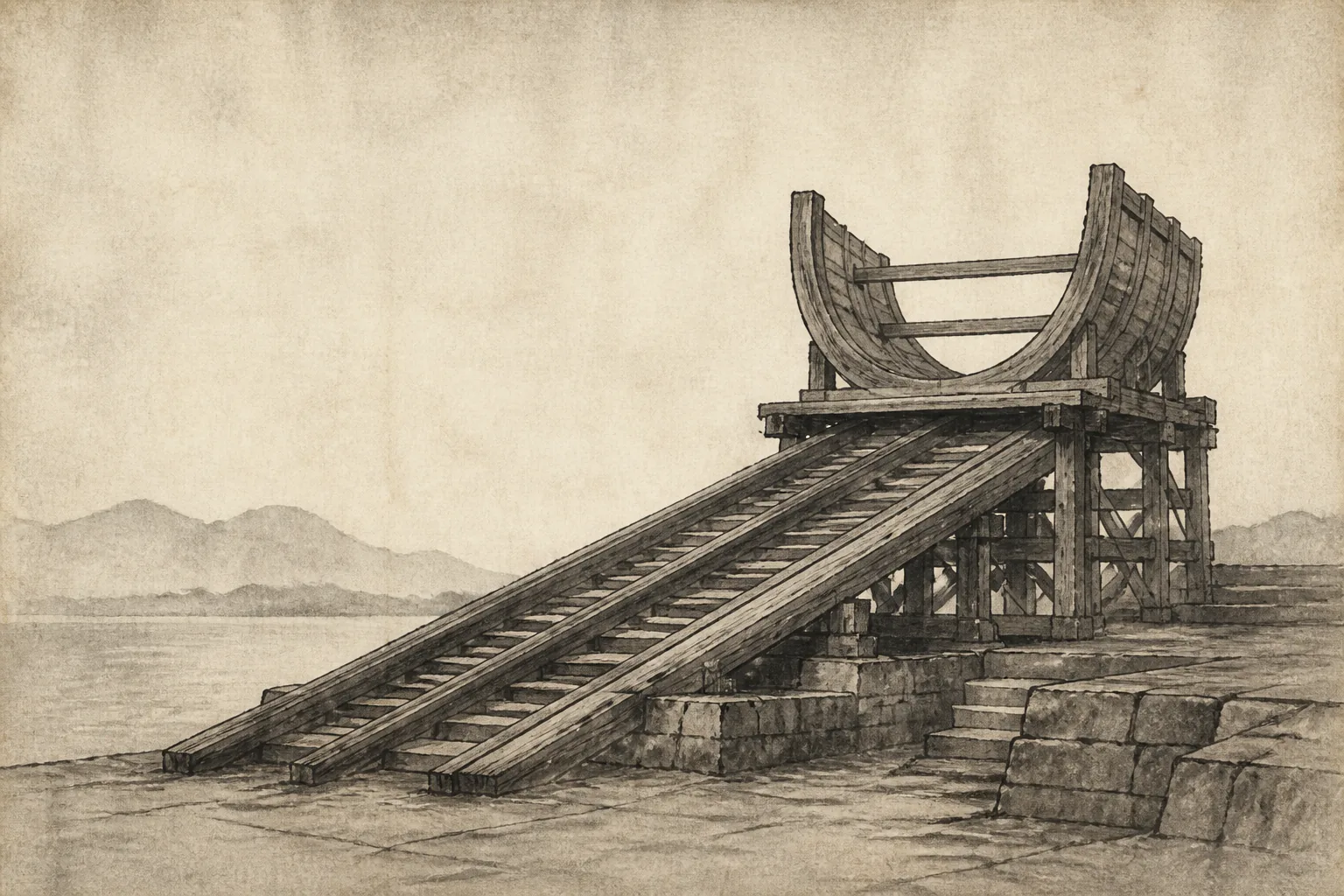政権移行後も外交と船の基盤を作り続けるをイメージした墨絵