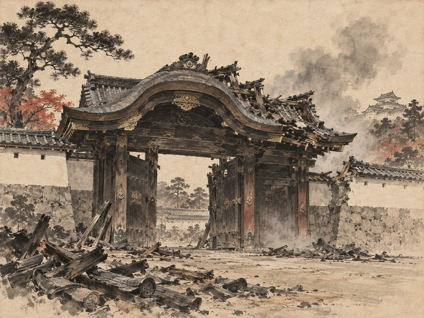 Damage at Hamaguri Gate ink painting