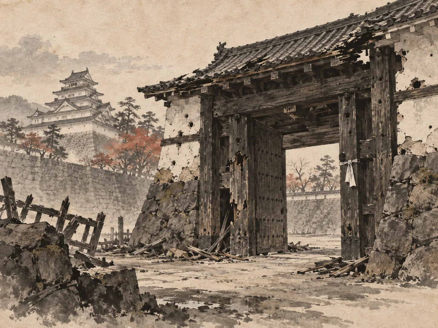 Damaged Tsurugajo Gate ink painting