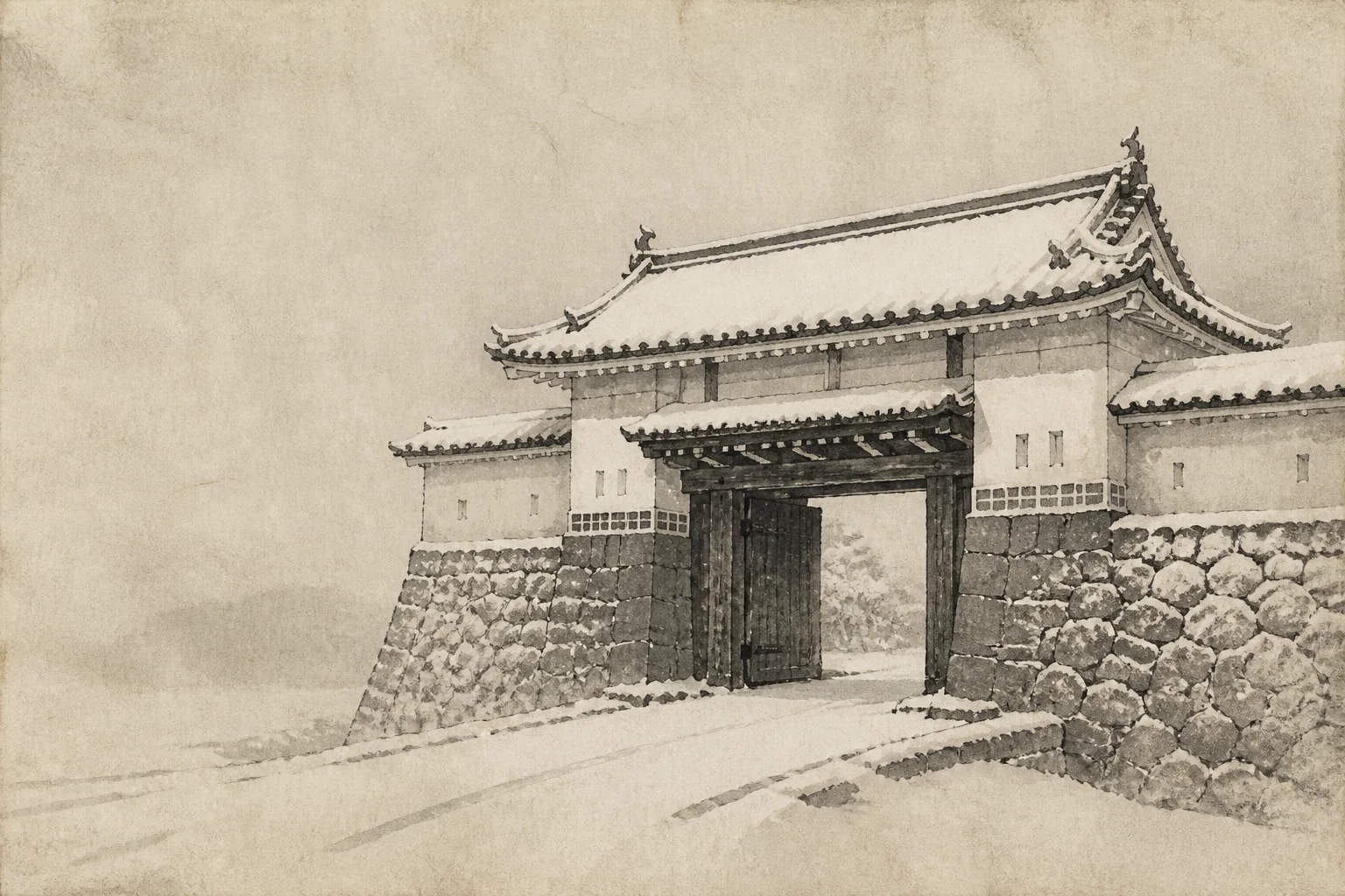 Entering Fukui at Eleven through Daimyo-House Procedure ink painting