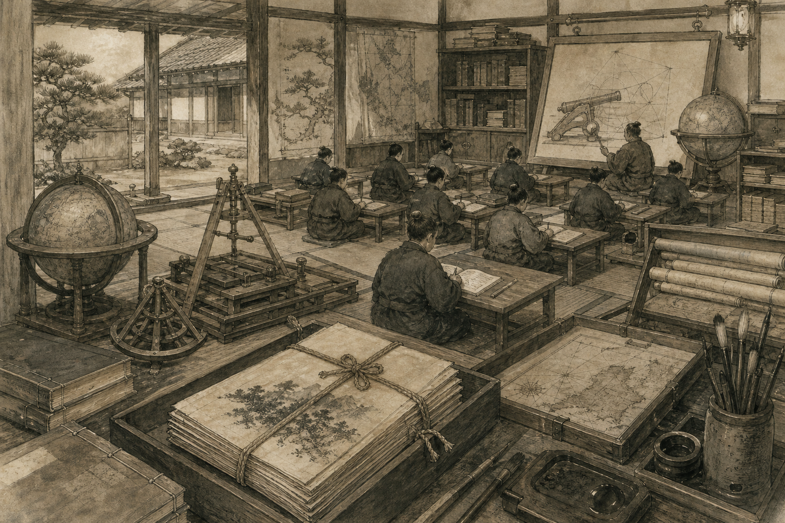 明道館の机をイメージした墨絵