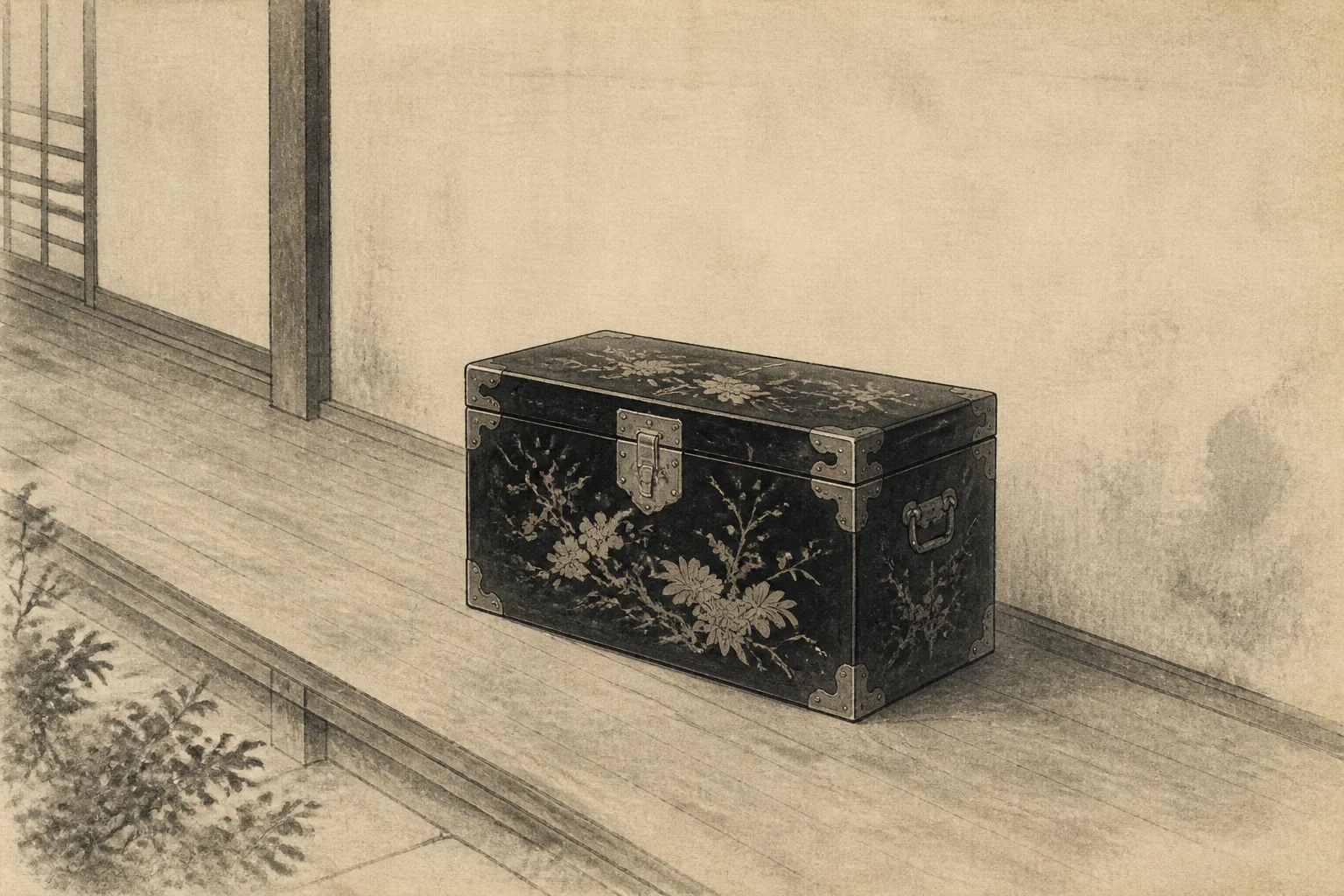 婚姻と離縁を大名家間の物と人の移動から見るをイメージした墨絵