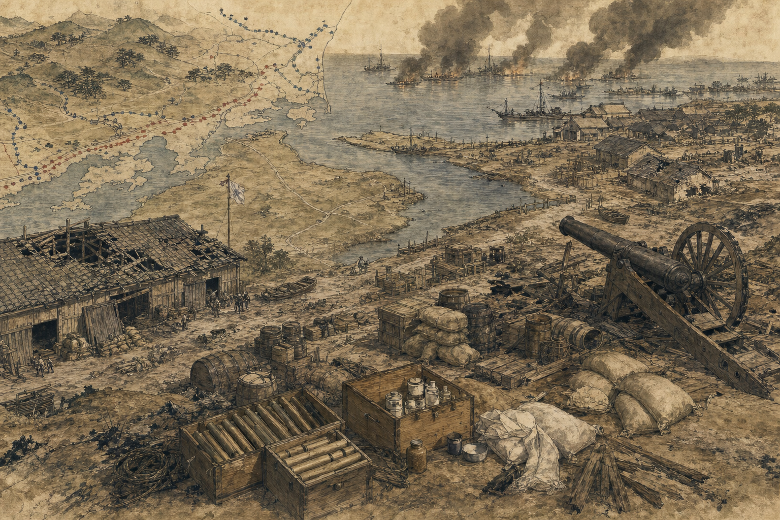 Failed negotiation turned into a supply war consuming a harbor and town ink painting