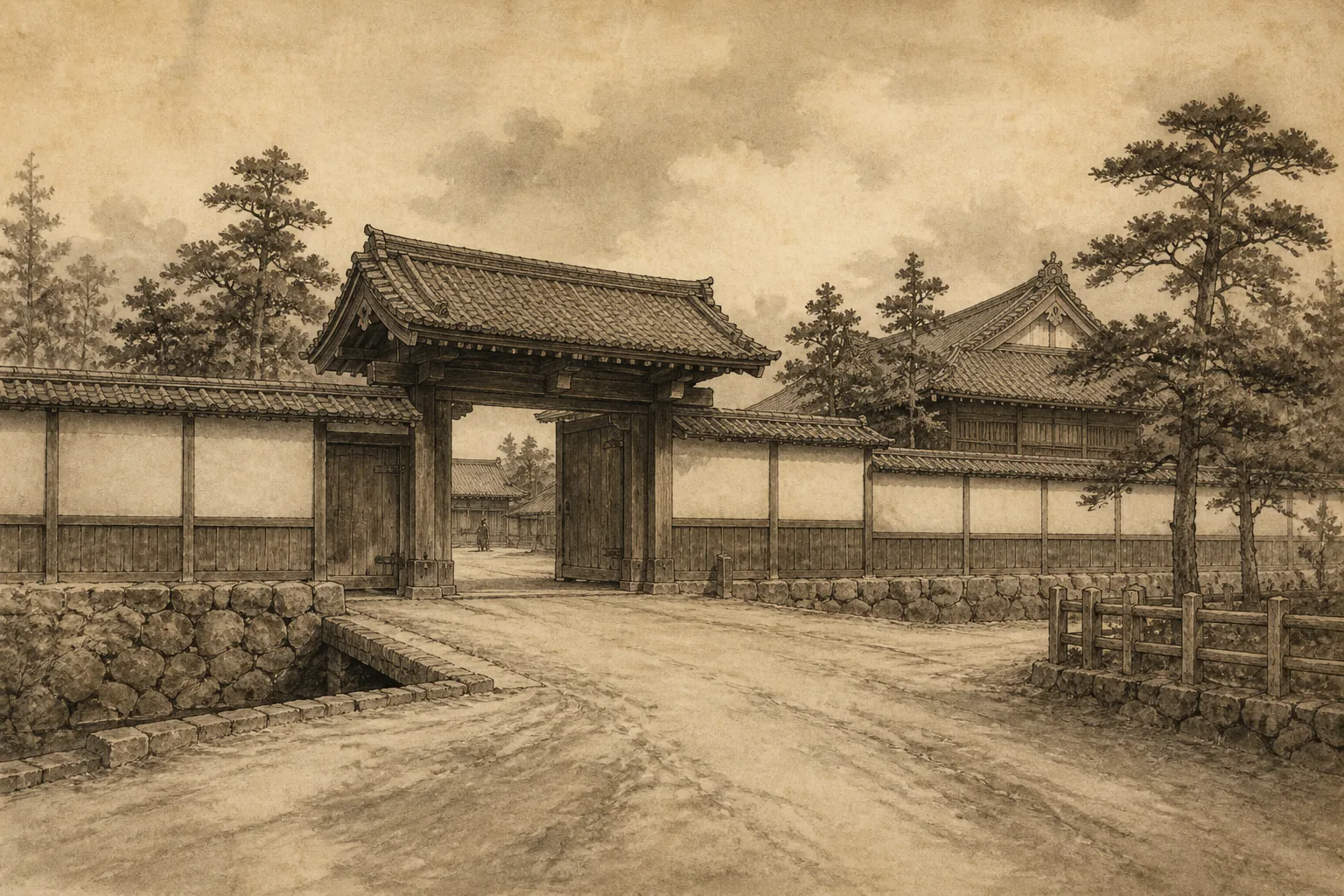 江戸常住の藩主と領地の役人が文書で一万石を統治するをイメージした墨絵