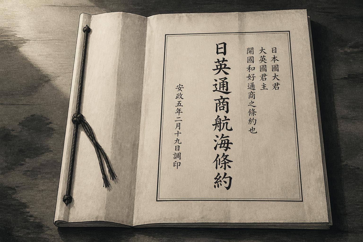 法律整備と外交網を条約原本と記録へ固定するをイメージした墨絵