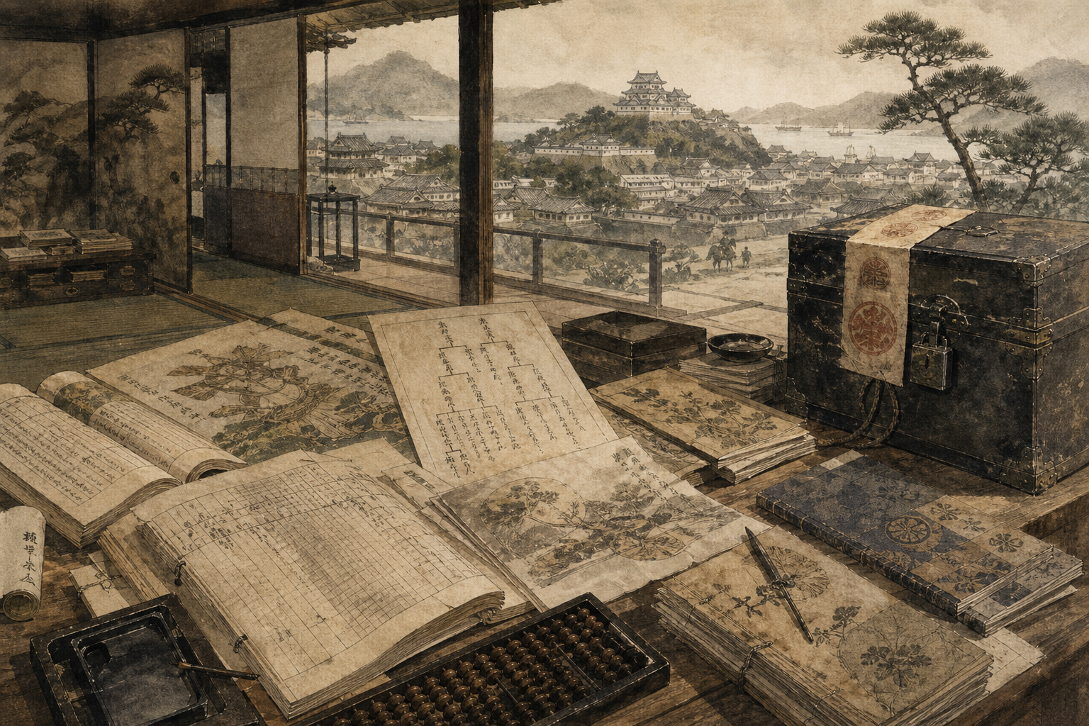 Kishu Date accounts, temple-office papers, abacus, genealogy, sealed chest, and childhood books ink painting