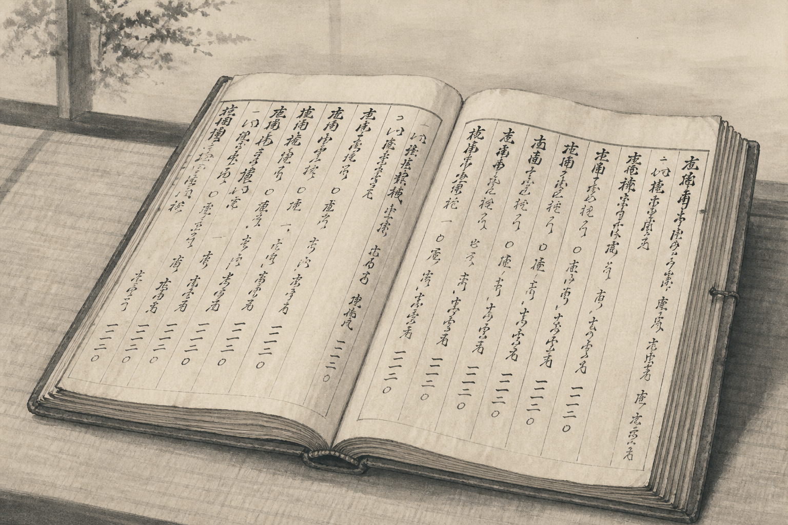 重臣家の行政実務と父の失脚を同じ文書机から経験するをイメージした墨絵