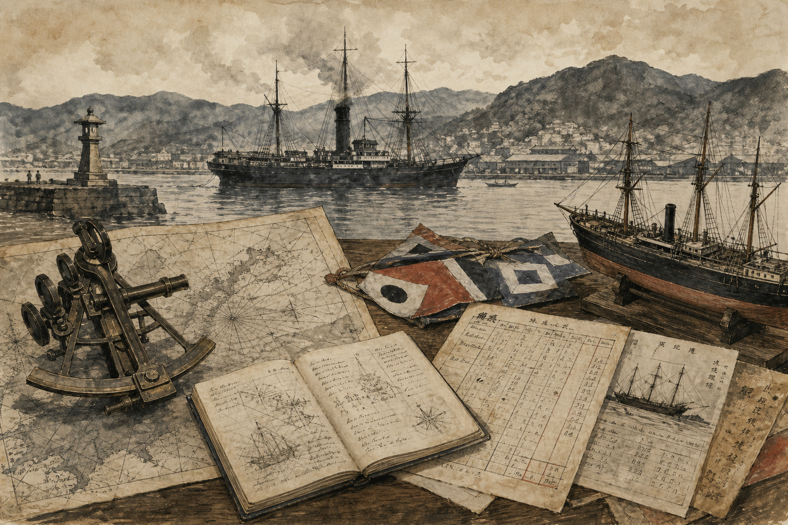 Kobe Naval Training Center and Kaientai charts, compass, sextant, logbook, cargo ledger, and steamship ink painting