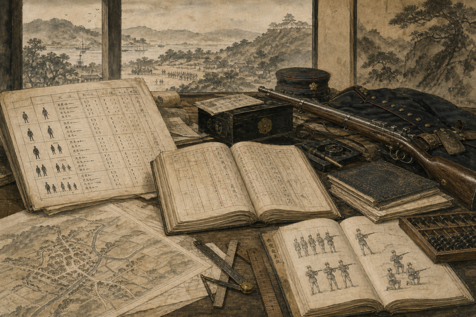 Wakayama equal-status decree, conscription rolls, budgets, Western drill manual, rifle, and survey tools ink painting